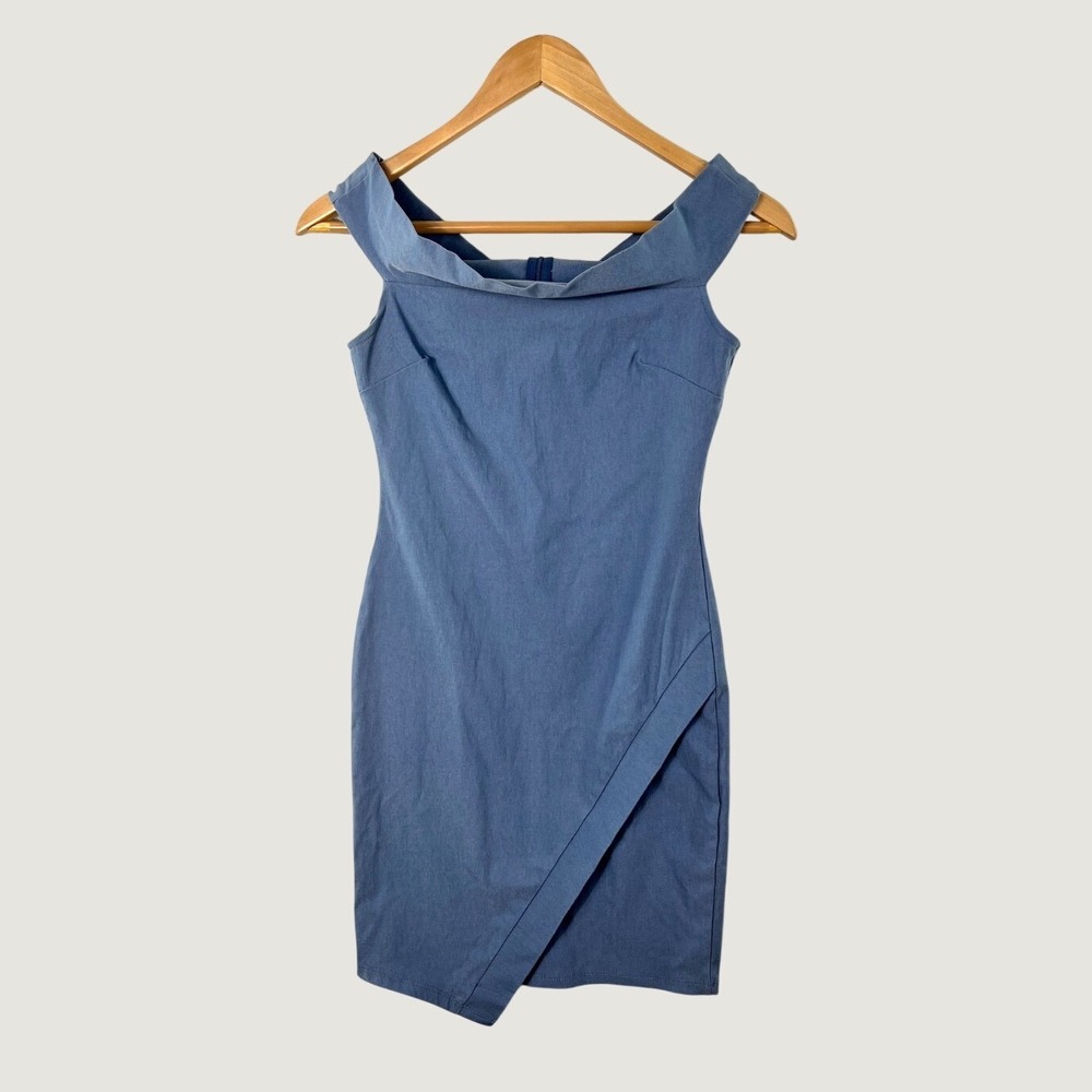 A'Gaci‎ Dress M Blue Bodycon Off the Shoulder Asymmetrical Hem VD4398 Cocktail